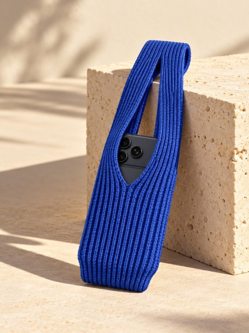 Pochette téléphone bleue en maille côtelée posée sur une pierre claire.