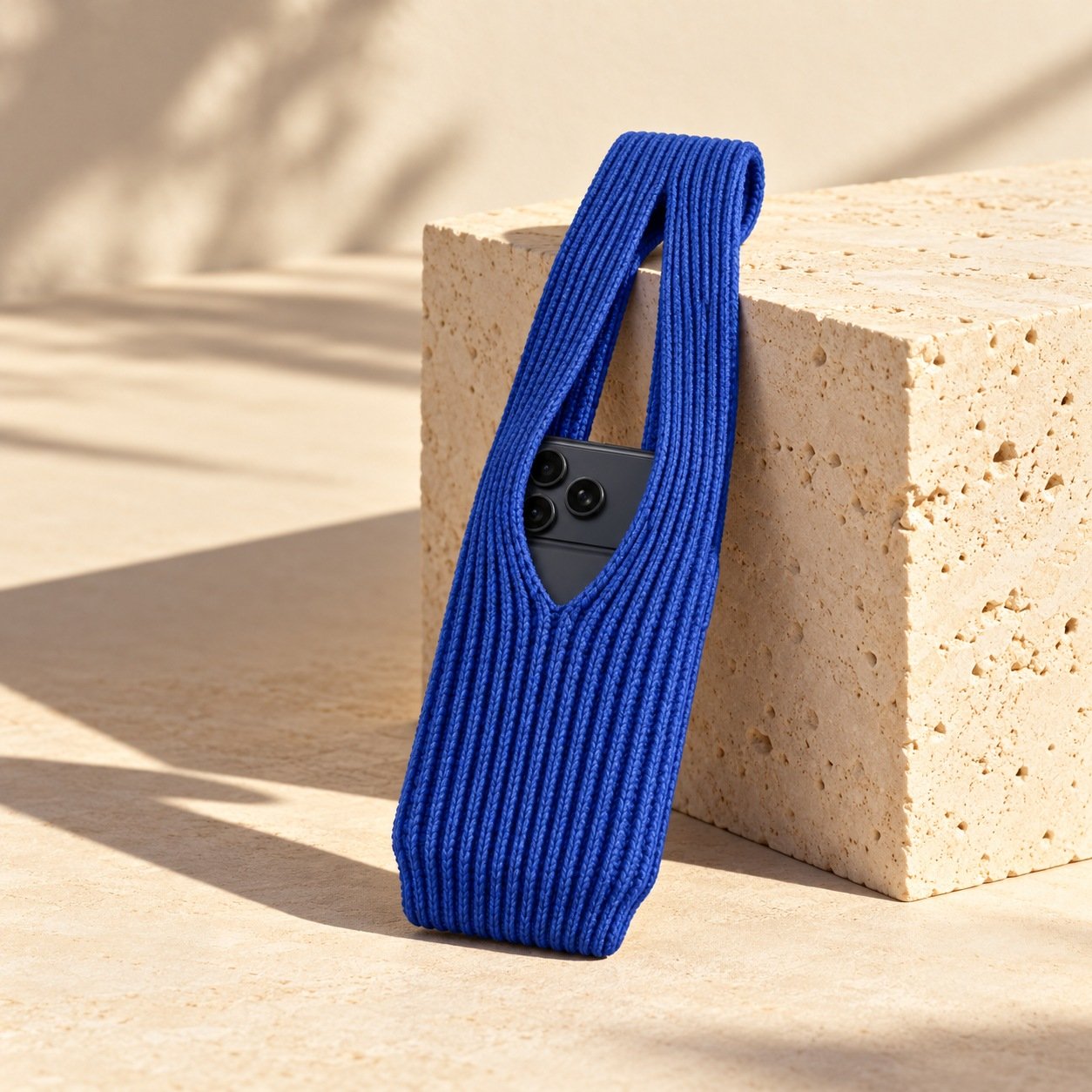 Pochette téléphone bleue en maille côtelée posée sur une pierre claire.