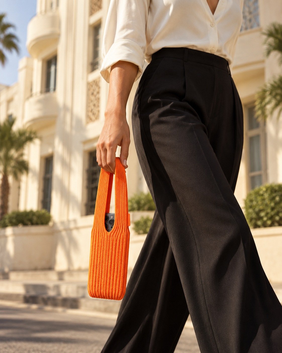 Pochette téléphone orange portée à la main avec une tenue crème et noire.