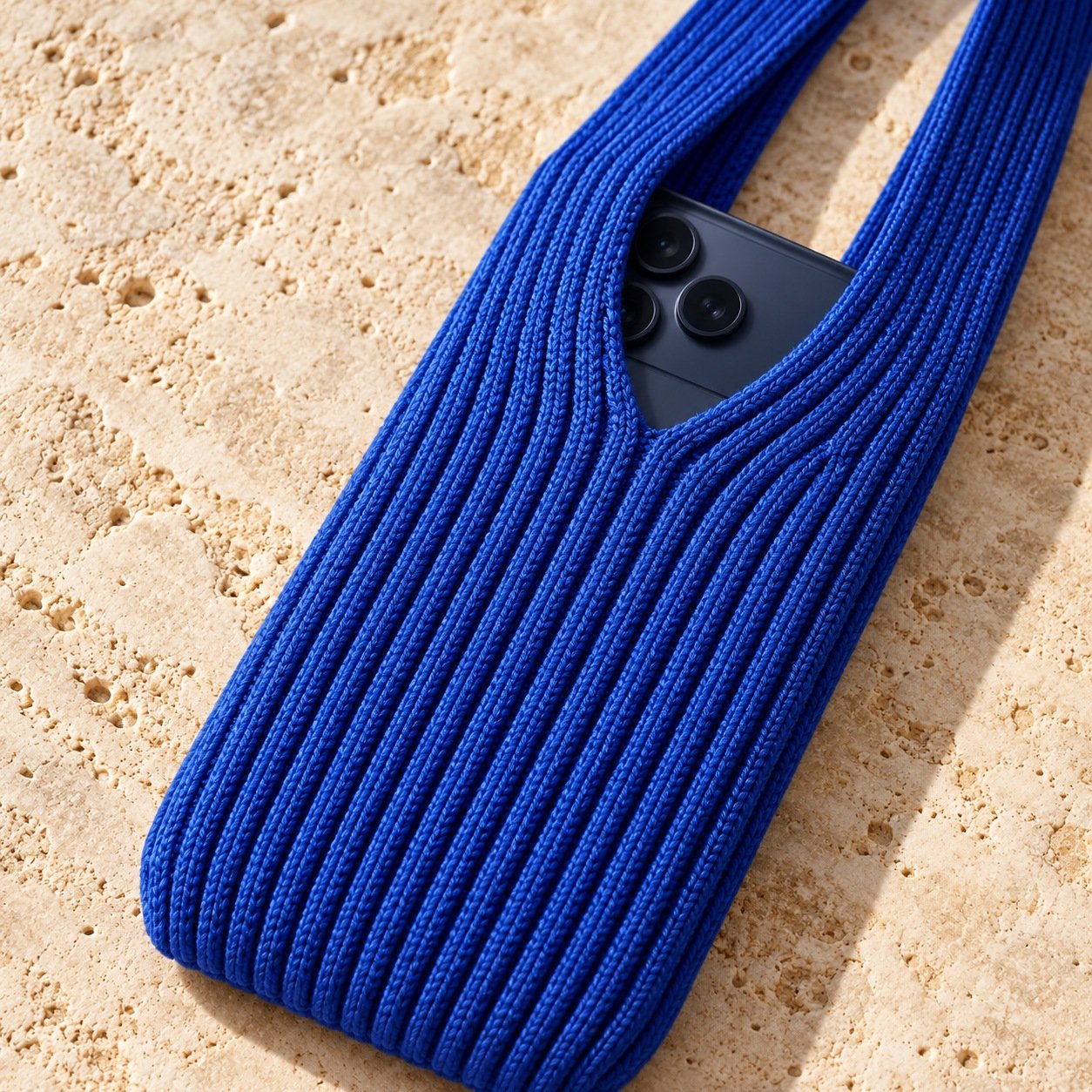 Gros plan de la texture côtelée de la pochette téléphone bleue.