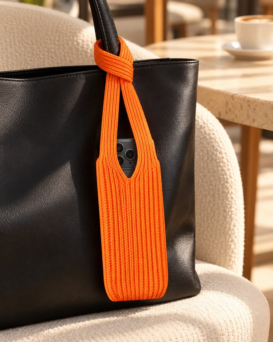 Pochette téléphone orange attachée à l’anse d’un sac noir.
